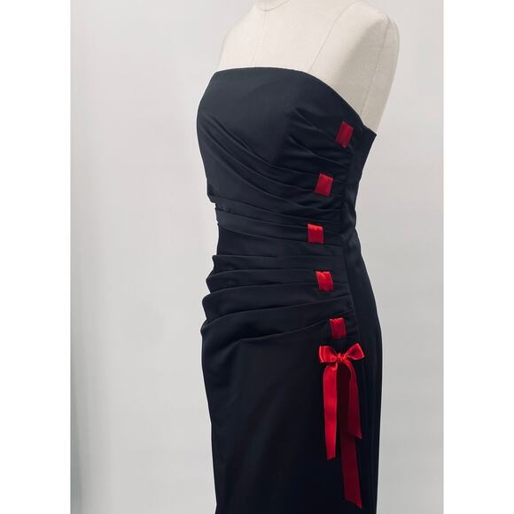 Vintage 90s Y2k Satin Gown Strapless Ribbon Lace Up Side Ruched Black Red 0 - Picture 4 of 10